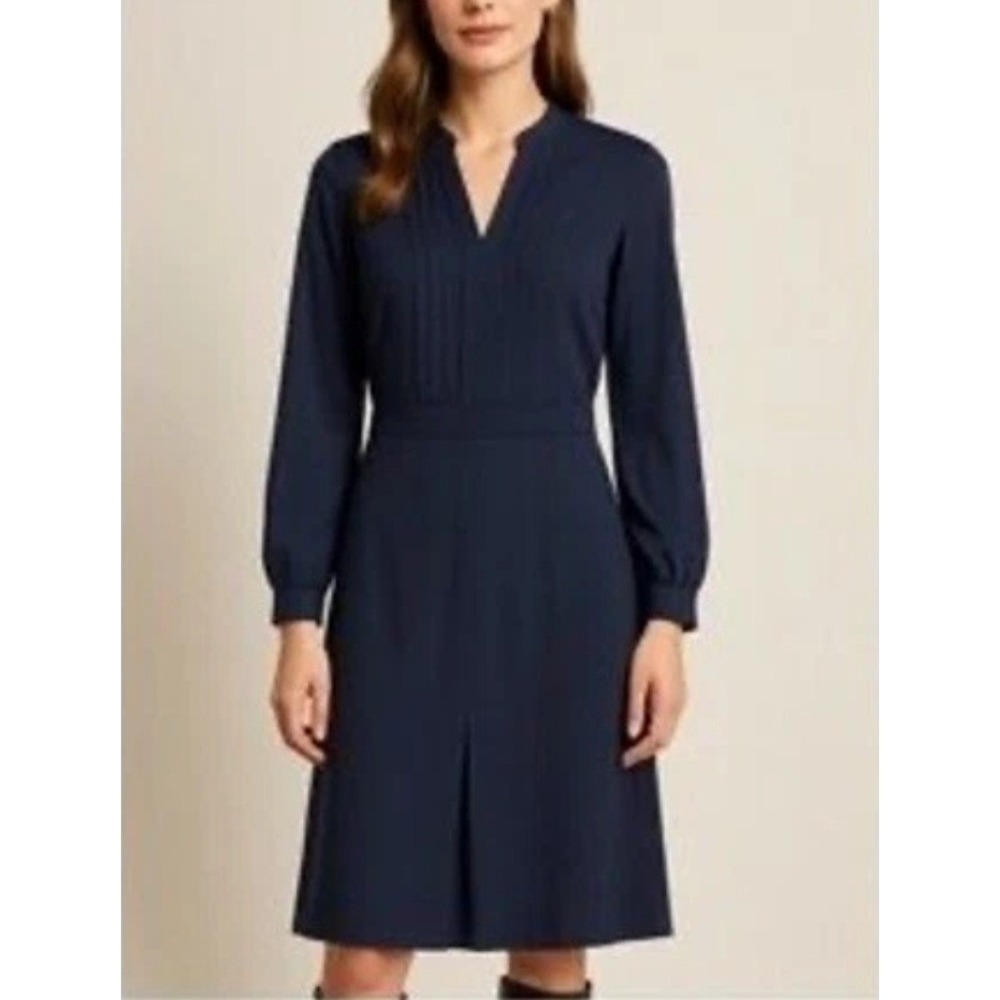 Tory Burch Navy Blue Pintuck Pleated V-Neck Long Sleeve A-Line Dress Size‎ 2 new